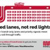 Muni Moves You ad promoting "Red lanes, not red lights." with Muni logo transformed into a red lane with Muni bus passing cars