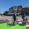 Decorative pavement and people biking