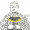 A black and white drawing of a man looking at a smartphone and wearing a shirt that has a yellow and black "Batman" logo.