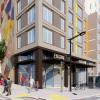 Rendering showing SFMTA entrance, public restroom and retail space at corner of 17th Street and Bryant Street