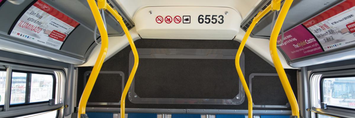 Interior of a Muni bus with space for advertisements