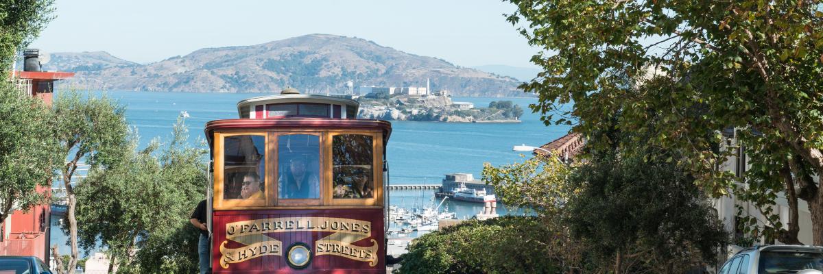 view of cable car and alcatraz