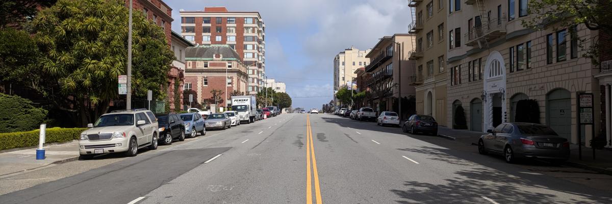 View of Broadway down the middle of the street, looking east from Fillmore Street