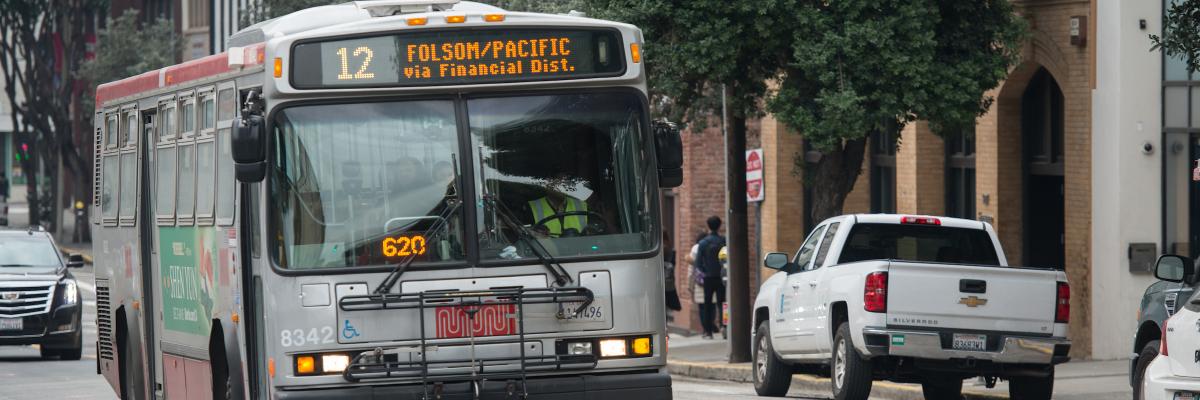 Photo of 12 Folsom/Pacific bus, front view, traveling on Sansome