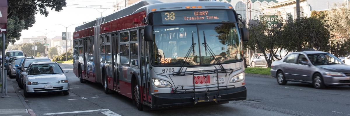 38 bus traveling on Geary Boulevard in the Richmond