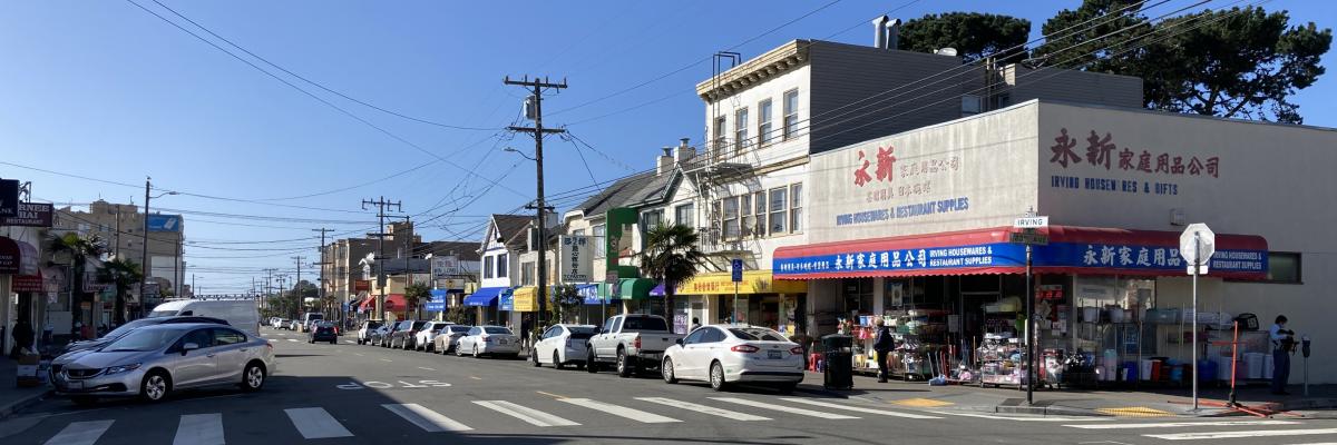 A view of Irving Street at 23rd Avenue, looking west, October 2021