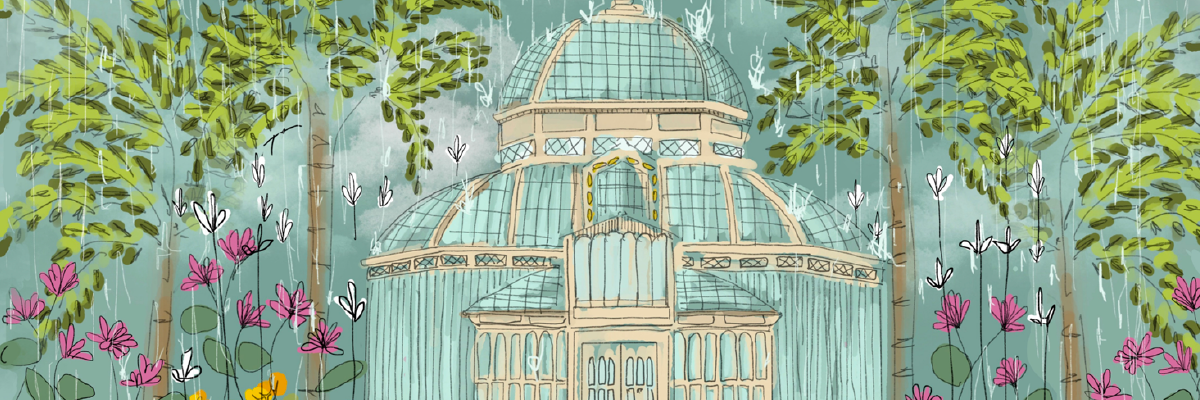 Painting of the San Francisco Conservatory of Flowers surrounded by trees and flowers in the rain