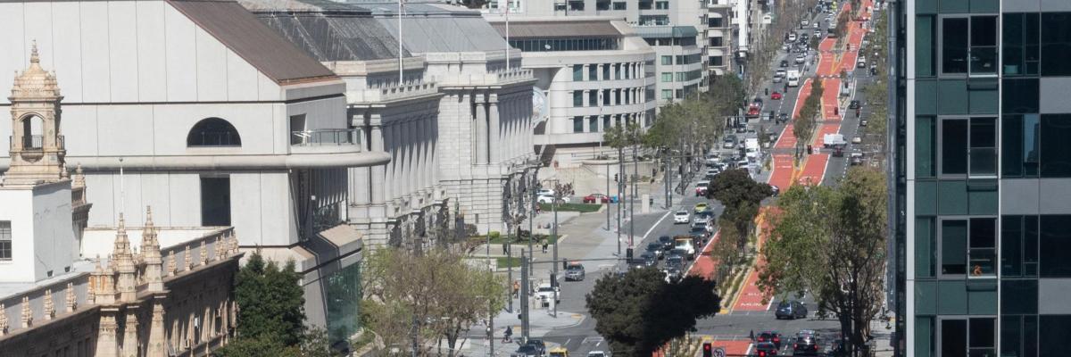 Red transit lanes improve travel times along Van Ness Avenue from Mission Street to Lombard Street.