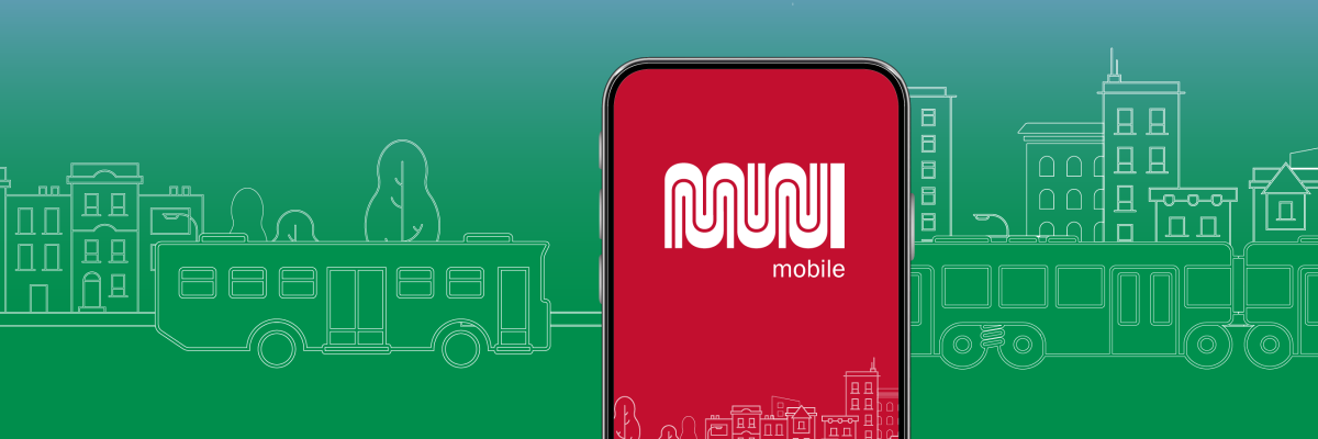 MuniMobile line art of a cityscape and Muni bus. Mobile phone in the foreground with the MuniMobile logo.