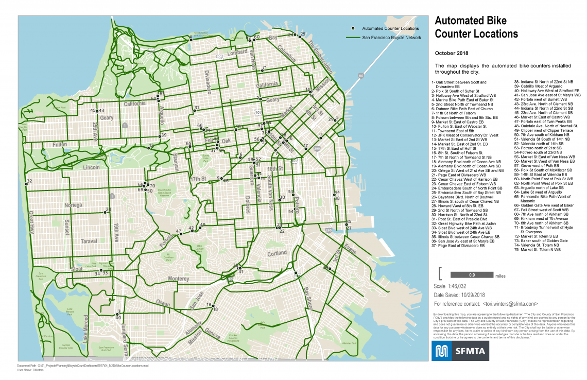 A map of automated bike counter locations in San Francisco