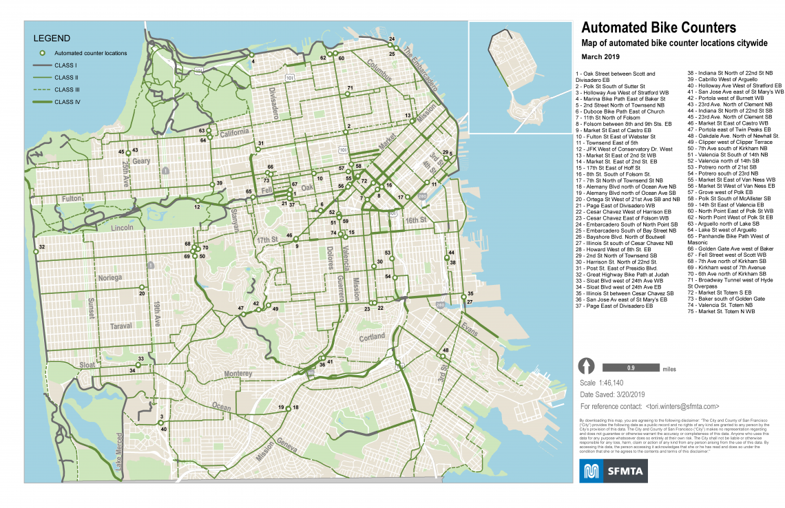 A map of automated bike counter locations in San Francisco
