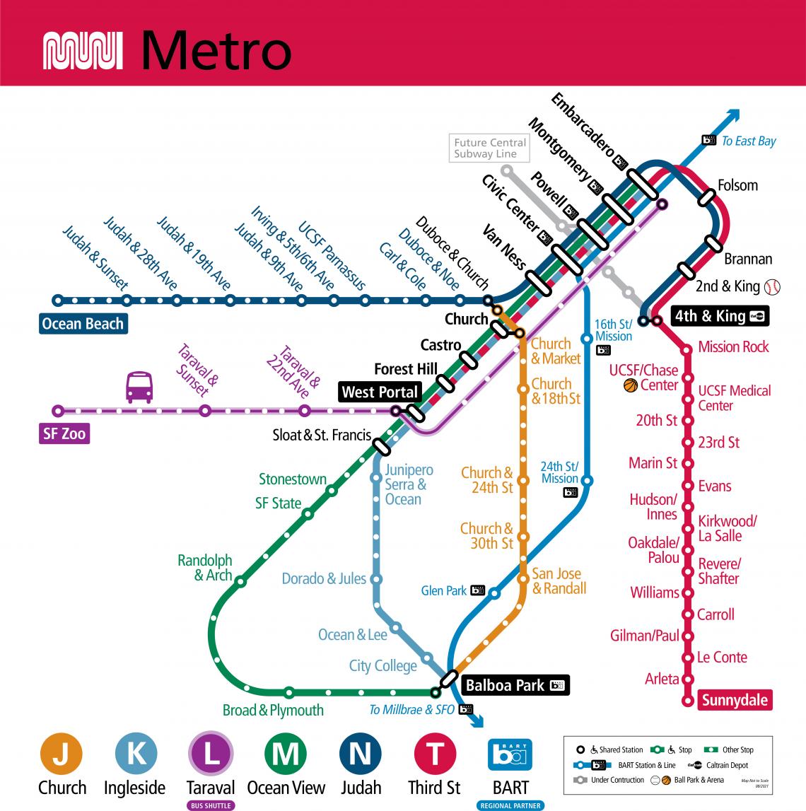 Muni Metro System Map effective August 14, 2021