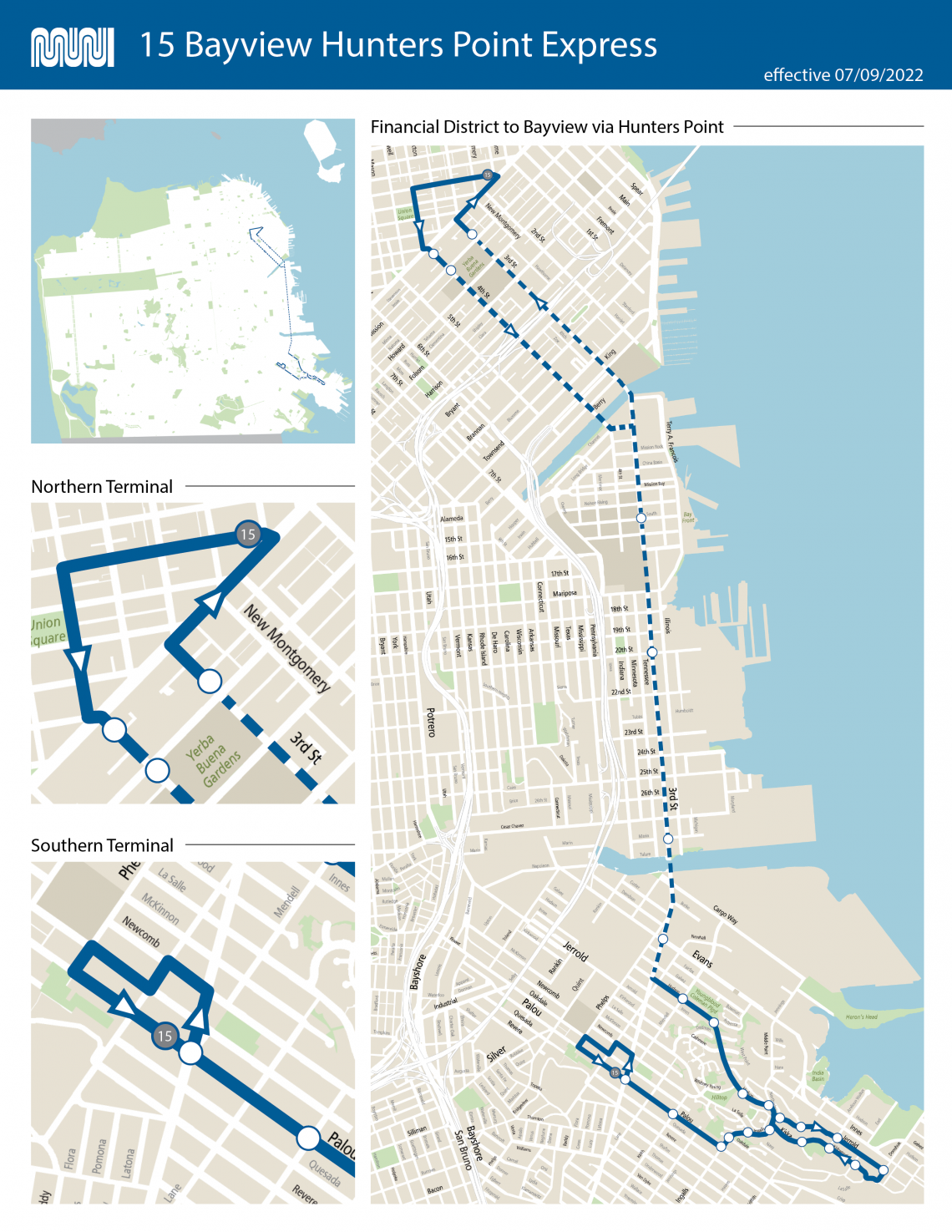 Image of route map with citywide view, full route view, and detailed map of terminals.