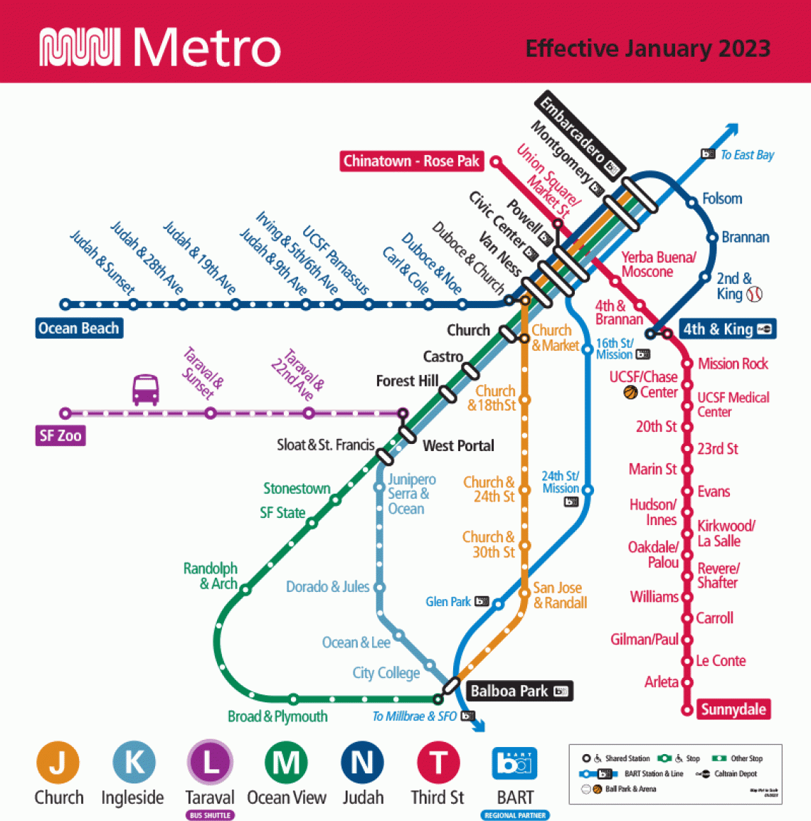 Muni Metro map effective January 7, 2023