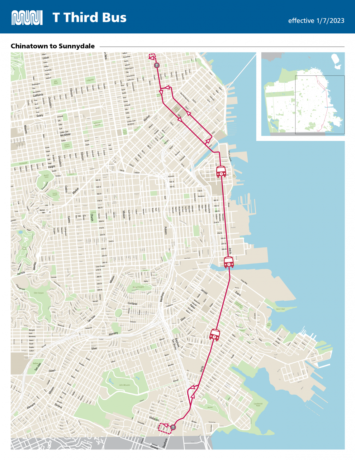 Map showing the T Bus alignment from Chinatown to Sunnydale