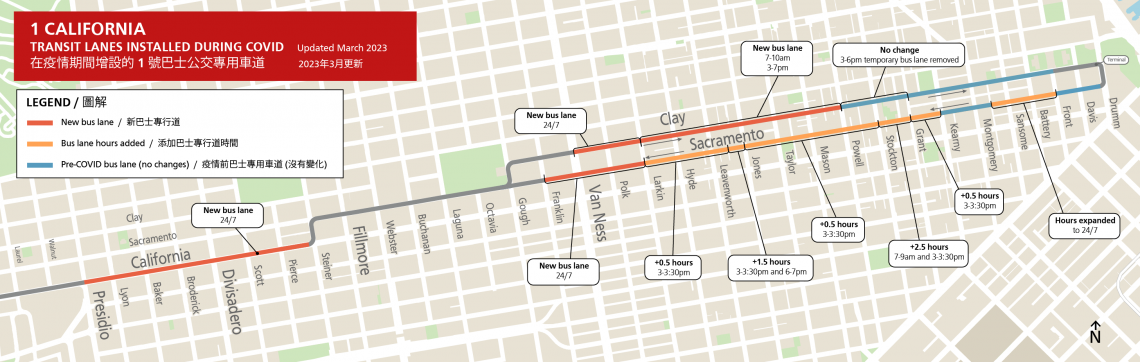 Map showing final transit lanes approved as part of the 1 California Temporary Emergency Transit Lanes Project