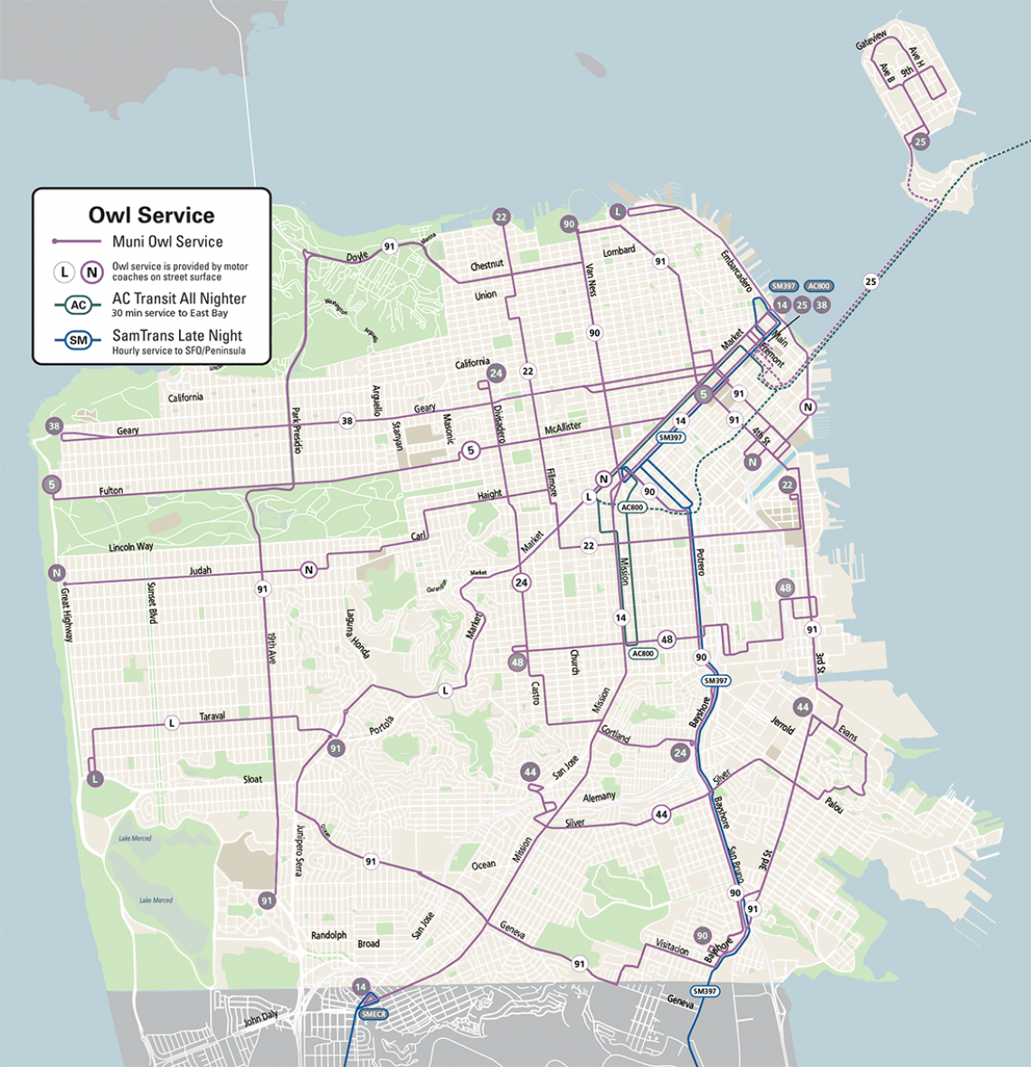 Map of the Muni Owl All-Nighter Service Routes