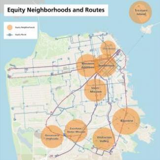 Graphic shows neighborhoods focused on in Equity Strategy: Treasure Island, Chinatown, Tenderloin/SoMa, Western Addition, Inner 