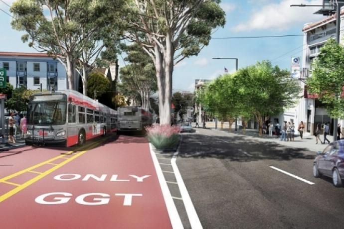 A rendering of Van Ness Avenue with bus-only lanes, new trees and other improvements.