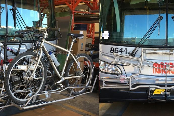 Three-slotted bike rack on the front of a Muni bus deployed and carrying bicycles. A rack folded up against the bus.