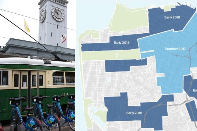 A Ford GoBike bike-share station and map of San Francisco areas planned to get new stations.