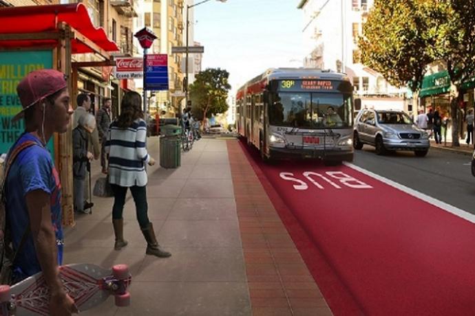 A rendering of people waiting at a Muni bus stop on Geary Street at Leavenworth Street with proposed Muni and safety upgrades, including a wider sidewalk and a red transit-only lane with a bus traveling down it.