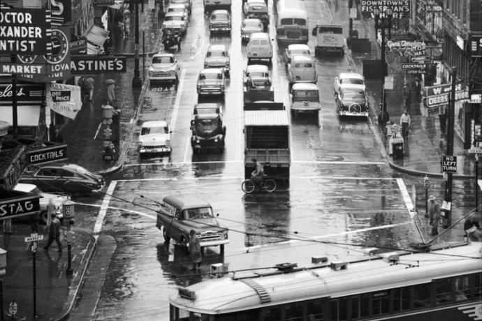 Overhead view of traffic on Kearny Street looking north from south side of Market Street in 1958.