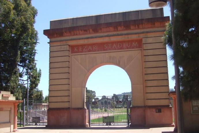 Original facade of Kezar Stadium on a bright, sunny day.