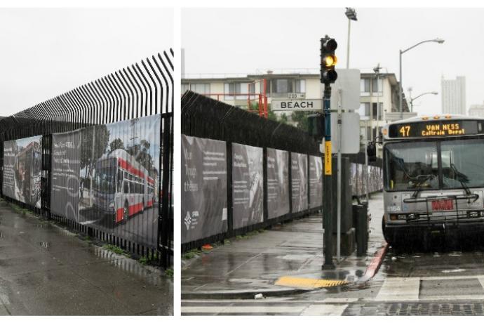 Two photos of the fence outside Kirkland bus yard on Powell at Beach Street.