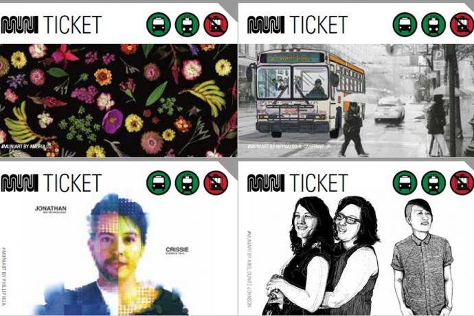 Four versions of Muni tickets with artwork.