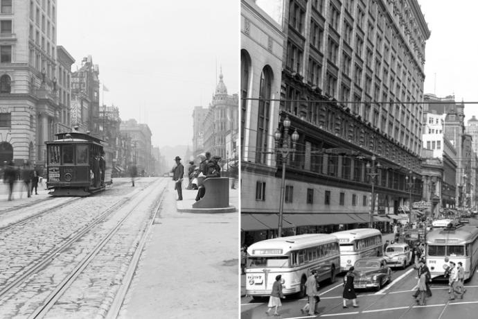 Two photographs showing a bustling downtown Market Street in 1906, with cable cars, and in 1948, with buses and streetcars.