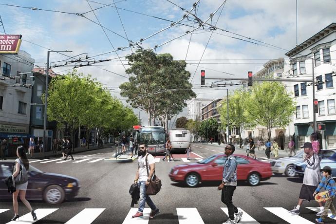 An artist's rendering of Van Ness Avenue at Union Street once construction is complete. People and cars cross Van Ness while buses load and unload passengers at boarding platforms in the median.