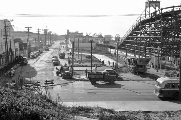 Bus terminal construction south of Balboa and La Playa in 1949. To right is Playland at the Beach roller coaster.