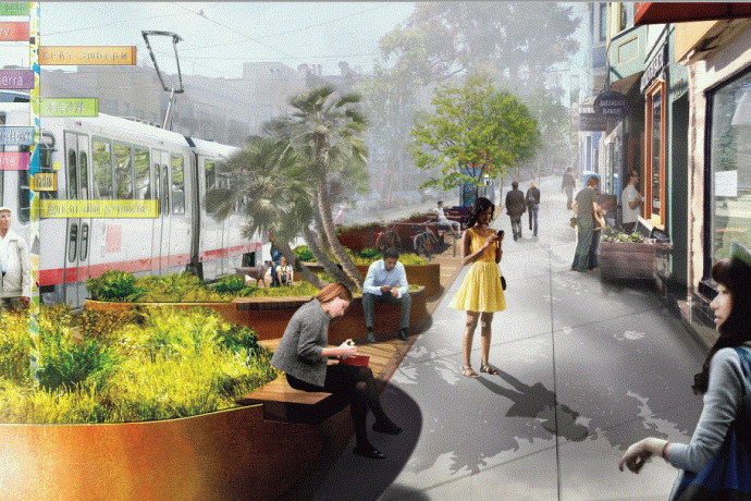 Inner Sunset Streetscape Improvement Project rendering of people on 9th Avenue.