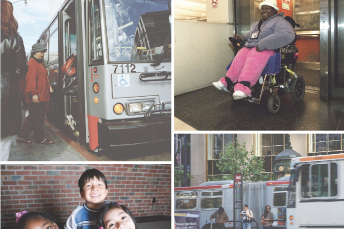 People boarding a bus; a person in a wheelchair exits an elevator; three children; people wait for a bus