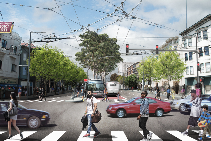 Rendering of Van Ness Avenue at Union Street after construction of the Van Ness Improvement Project is complete.