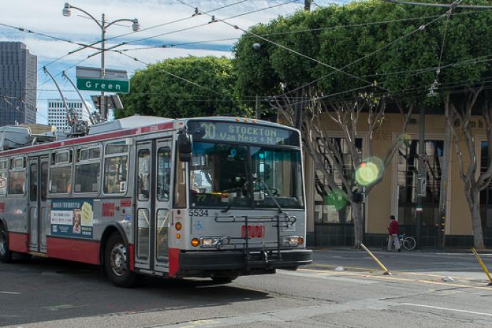 Muni trolley coach on 30 Stockon route at Columbus ave and Green st