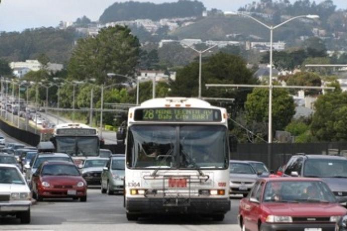 28 19th Ave bus in traffic on 19th Ave