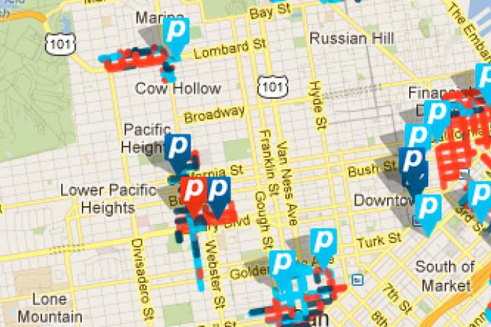 a map of downtown San Francisco, showing real-time parking data from SFpark