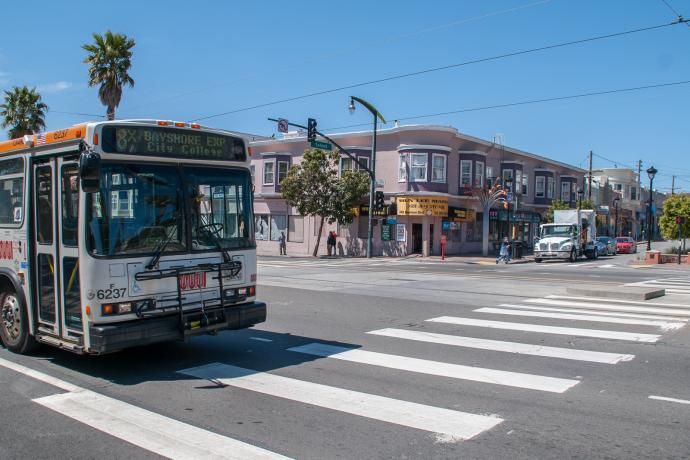 8x Bayshore Express bus passing leland ave on 3rd street in visitacion valley