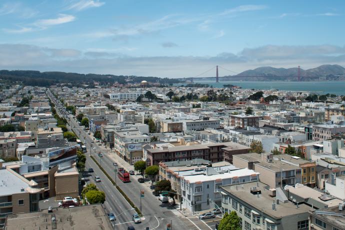 overhead view of Marina district and golden gate from lombard and van ness