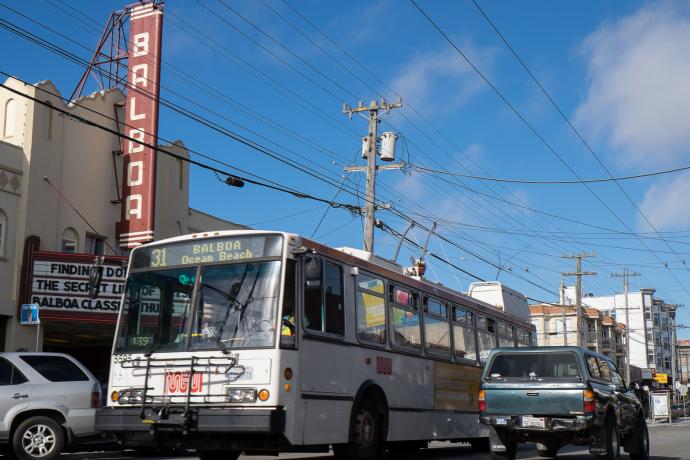 31 balboa bus passing balboa theatre on balboa avenue in outer richmond