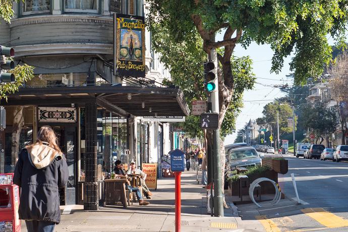 A pedestrian on Haight Street at Masonic Avenue