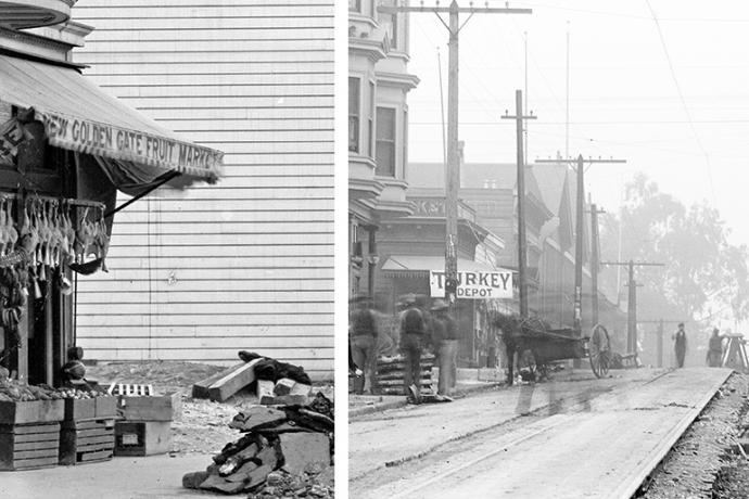split screen photos of shops in 1906