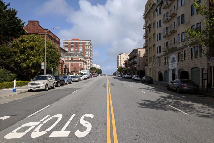 View of Broadway down the middle of the street, looking east from Fillmore Street