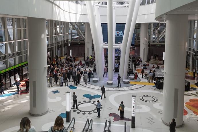 The grand hall of the Salesforce Transit Center.