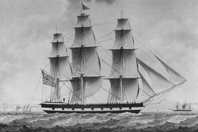 painting of sailing ship rendered in black and white