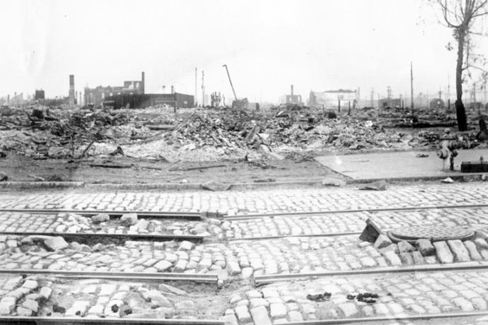 rubble and damaged streetcar tracks