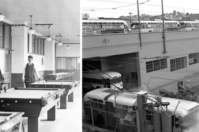 split image of men with pool table and buses at potrero yard