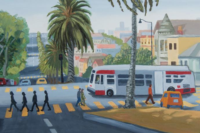 this image of art created for the Muni Art contest shows a Muni bus and people walking